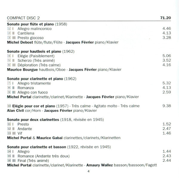 Francis Poulenc - Jacques Février • Yehudi Menuhin • Pierre Fournier • Michel Debost • Alan Civil • Maurice Bourgue • Michel Portal • Le Quintette À Vent De Paris • Amaury Wallez • Maurice Gabai • John Wilbraham • John Iveson : Musique De Chambre (2xCD, Comp, RM)