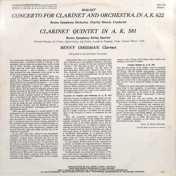 Benny Goodman Plays Wolfgang Amadeus Mozart, Charles Munch / Boston Symphony Orchestra, Boston Symphony String Quartet : Clarinet Concerto, K. 622 / Clarinet Quintet, K. 581 (LP, Album)