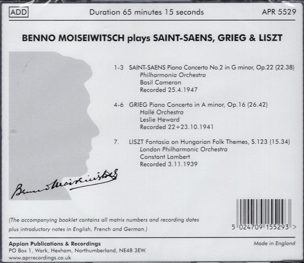 Benno Moiseiwitsch, Saint-Saens*, Grieg*, Liszt* : Piano Concerto No. 2 / Piano Concerto / Hungarian Fantasia (CD, Comp)