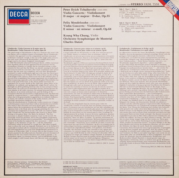 Kyung-Wha Chung, Pyotr Ilyich Tchaikovsky / Felix Mendelssohn-Bartholdy, Charles Dutoit, Orchestre Symphonique de Montréal : Violin Concertos = Violinkonzerte (LP)