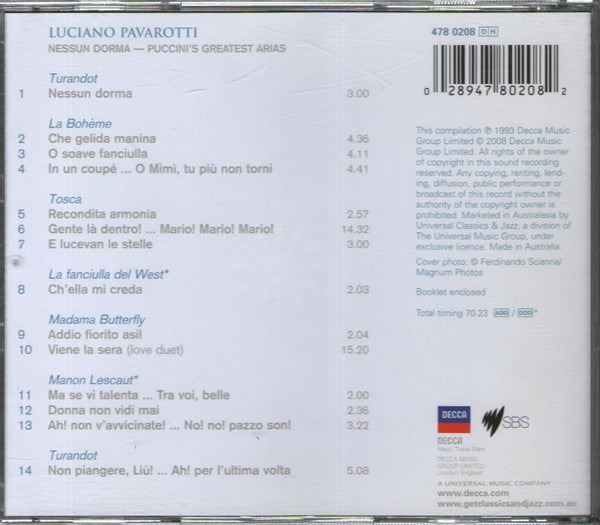 Luciano Pavarotti : Nessun Dorma - Puccini's Greatest Arias (CD, Album, Comp)