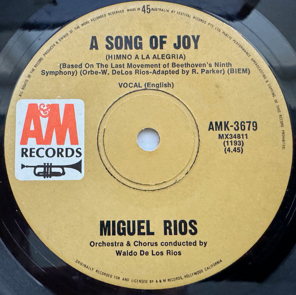 Miguel Ríos : A Song Of Joy (Himno A La Alegria) / El Rio (7", Single)