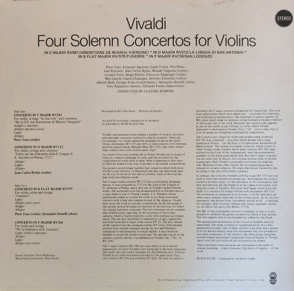Antonio Vivaldi : Four Solemn Concertos For Violins (LP, Album, Club)