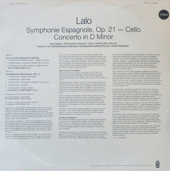 City Of Birmingham Symphony Orchestra, Yan Pascal Tortelier, Paul Tortelier, Édouard Lalo : Lalo Symphonie Espagnole Cello Concerto (LP, Album, Quad, Club)