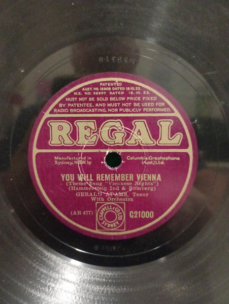 Gerald Adams : You Will Remember Vienna / I Bring A Love Song  (Shellac, 10")