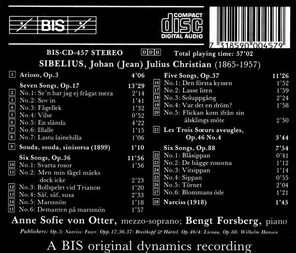 Jean Sibelius, Anne Sofie Von Otter / Bengt Forsberg : Songs Volume 1 (CD, Album)
