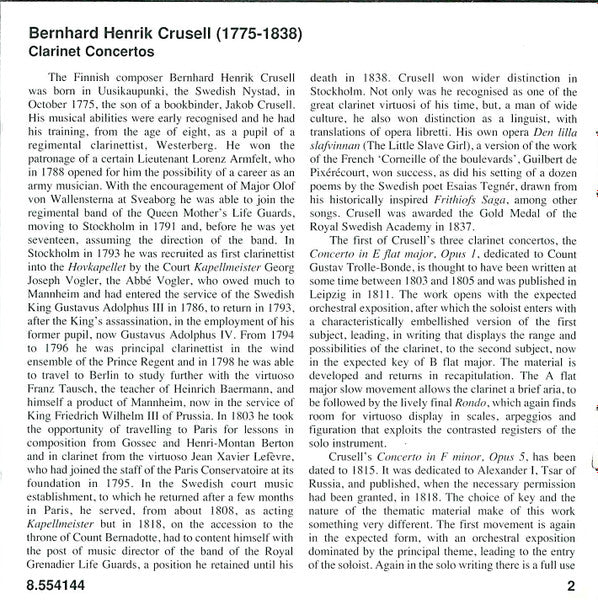 Bernhard Henrik Crusell - Per Billman, Uppsala Kammarorkester, Gérard Korsten : Clarinet Concertos (CD, Album)