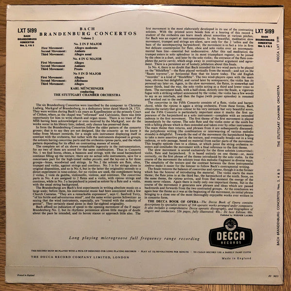 Johann Sebastian Bach / Karl Münchinger Conducting Stuttgarter Kammerorchester : Brandenburg Concertos Nos. 2, 4 & 5 (LP, Album, Mono)