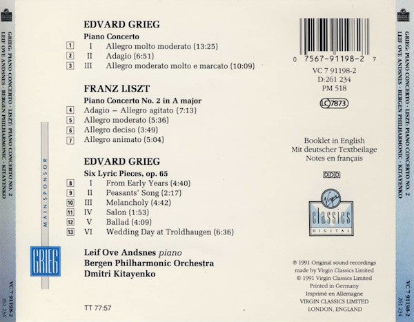 Edvard Grieg, Franz Liszt, Leif Ove Andsnes, Bergen Filharmoniske Orkester, Dimitrij Kitaenko : Piano Concerto / 6 Lyric Pieces / Piano Concerto N°2 (CD, Album)