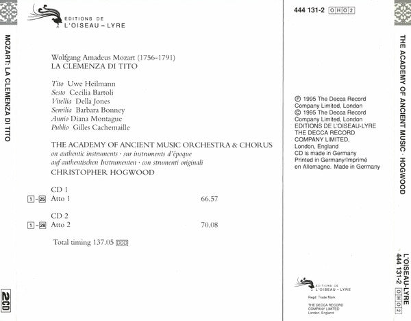 Wolfgang Amadeus Mozart – Cecilia Bartoli · Uwe Heilmann · Della Jones · Diana Montague · Gilles Cachemaille · Barbara Bonney · The Academy Of Ancient Music & The Academy Of Ancient Music Chorus · Christopher Hogwood : La Clemenza Di Tito (2xCD, Album + Box, Sli)
