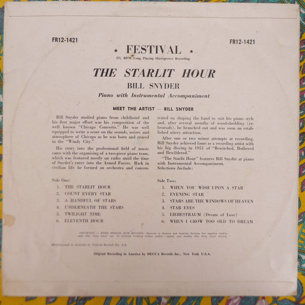 Bill Snyder : The Starlit Hour (LP, Album, Mono)