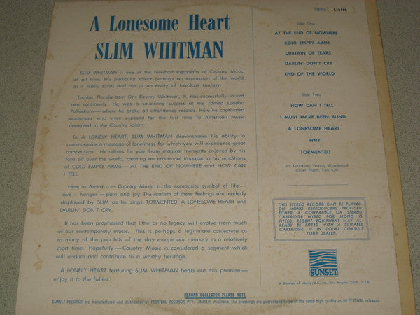 Slim Whitman : A Lonesome Heart  (LP, Comp)