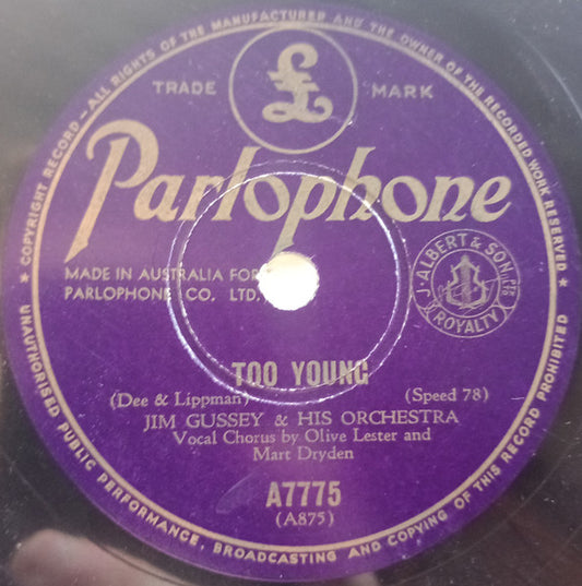 Jim Gussey And His Orchestra : Too Young / I Apologise  (Shellac, 10")