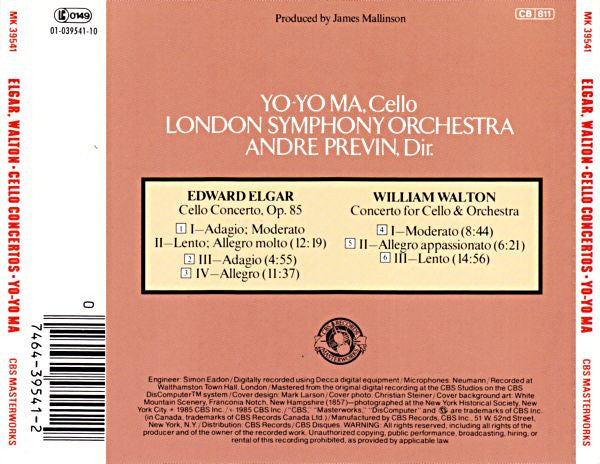 Elgar*, Walton* - Yo-Yo Ma, London Symphony Orchestra, André Previn : Cello Concerto, Op. 85 / Cello Concerto (CD, Album, RE, RP)