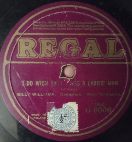 Billy Williams (9) : I Wish It Was Sunday Night / I Do Wish I Was A Ladies' Man (Shellac, 10", RE)