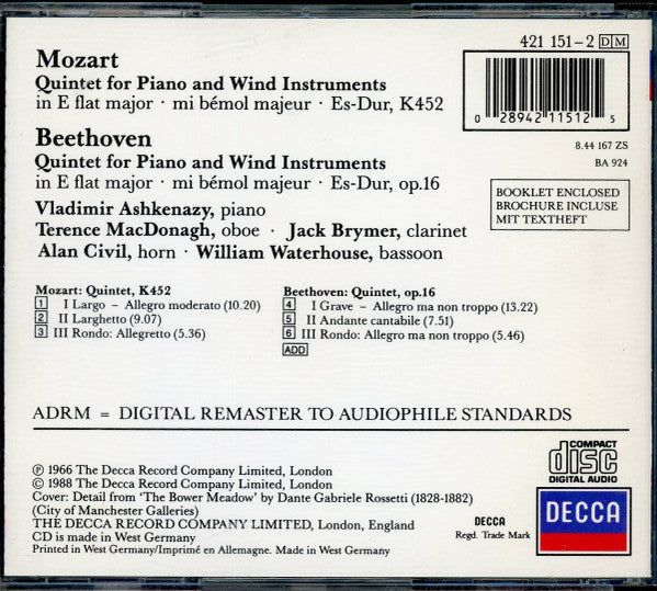 Wolfgang Amadeus Mozart, Ludwig van Beethoven, Vladimir Ashkenazy, London Wind Soloists : Quintet In E Flat, K.452 / Quintet In E Flat, Op.16 (CD, RE, RM, PDO)