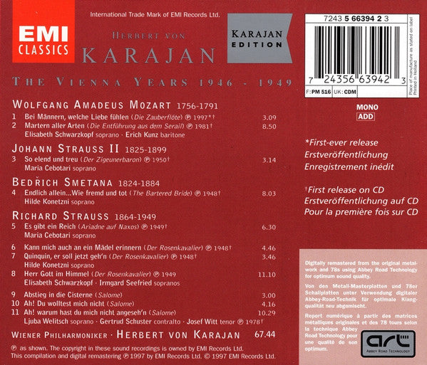 Herbert von Karajan, Wolfgang Amadeus Mozart, Richard Strauss, Johann Strauss Jr., Bedřich Smetana : German Opera (CD, Comp, Mono, RM)