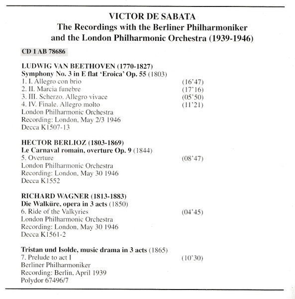 Victor De Sabata, Beethoven*, Brahms*, Strauss*, Berlioz*, Wagner*, Sibelius* : Recordings: 1939 & 1946 (2xCD, Comp, Mono, RM)