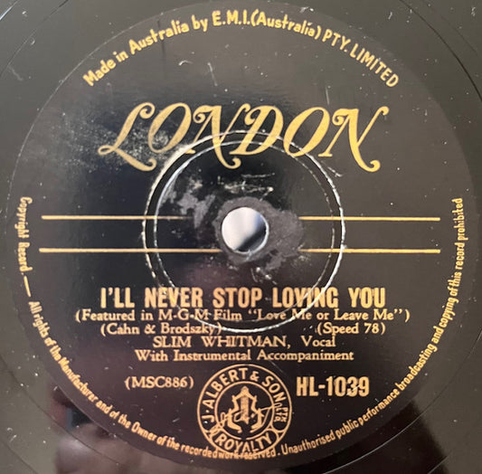 Slim Whitman : I'll Never Stop Loving You / I'll Never Take You Back Again (Shellac, 10")