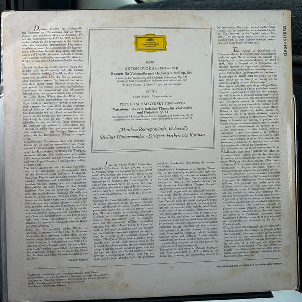 Dvořák* / Tchaikovsky* - Berlin Philharmonic*, Herbert von Karajan, Mstislav Rostropovitch* : Cello Concerto In B Minor, Op. 104 / Variations On A Rococo Theme (LP)