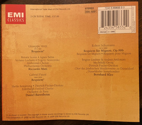Giuseppe Verdi, Robert Schumann, Gabriel Fauré, Daniel Barenboim, Bernhard Klee, Riccardo Muti : Requiem (2xCD, Comp)
