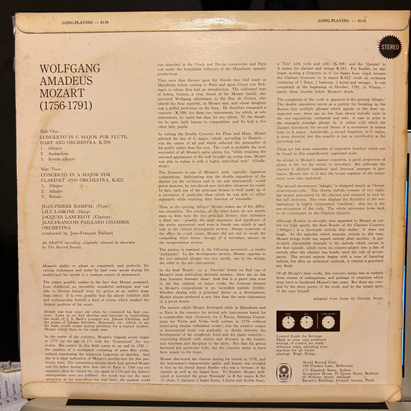 Mozart* /  Jacques Lancelot (Clarinet) /  Lily Laskine (Harp) /  Jean-Pierre Rampal (Flute) /  Jean-Francois Paillard Chamber Orchestra* : Clarinet Concerto (K. 622) / Flute & Harp Concerto (K.299) (LP, Album, Club, RE)
