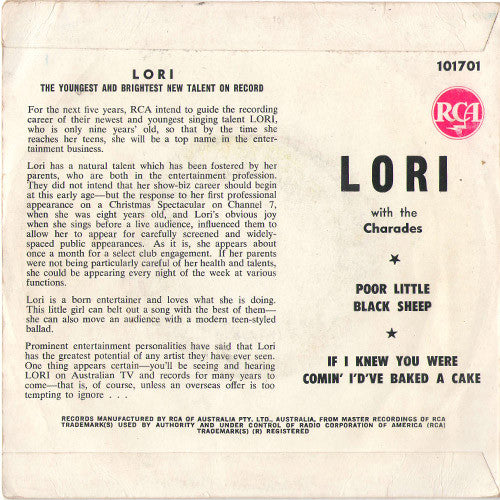 Lori Balmer with The Charades (3) : Poor Little Black Sheep / If I Knew You Were Comin' I'd've Baked A Cake (7", Single)