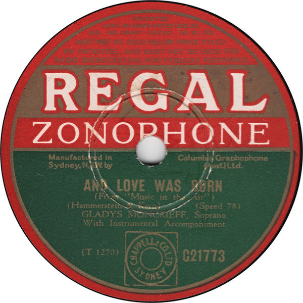 Gladys Moncrieff : And Love Was Born / Speak To Me Of Love (Shellac, 10")