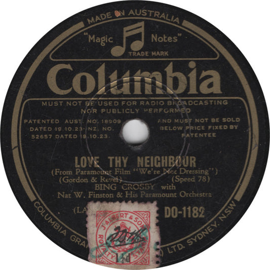 Bing Crosby With Nat W. Finston & His Paramount Orchestra* : Love Thy Neighbour / Once In A Blue Moon (Shellac, 10")