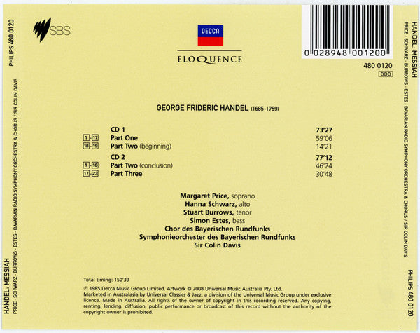 Georg Friedrich Händel - Margaret Price · Hanna Schwarz · Stuart Burrows · Simon Estes - Chor Des Bayerischen Rundfunks · Symphonie-Orchester Des Bayerischen Rundfunks, Sir Colin Davis : Messiah (2xCD, RE)
