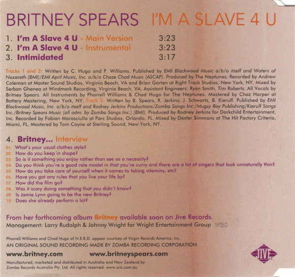 Britney Spears : I'm A Slave 4 U (CD, Single)