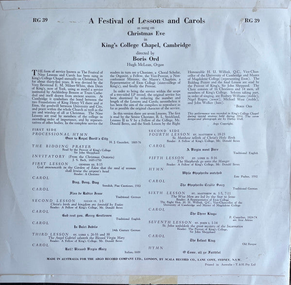 The Choir Of King's College* Directed By Boris Ord : A Festival Of Lessons And Carols (LP, Mono)