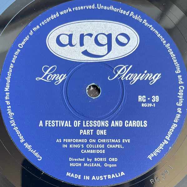 The Choir Of King's College* Directed By Boris Ord : A Festival Of Lessons And Carols (LP, Mono)