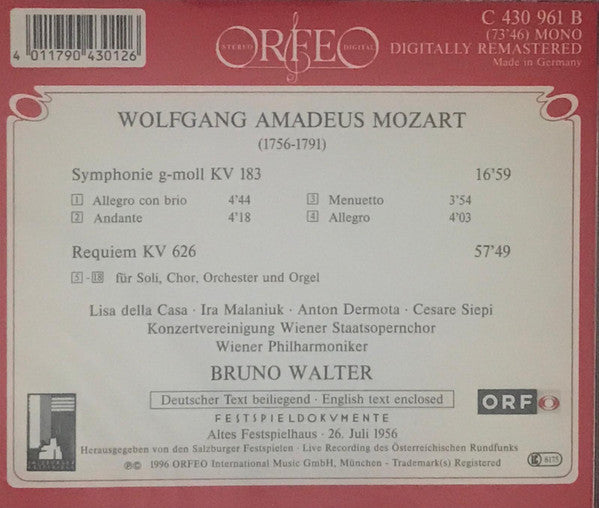 Wolfgang Amadeus Mozart, Bruno Walter, Wiener Philharmoniker, Konzertvereinigung Wiener Staatsopernchor, Lisa Della Casa, Ira Malaniuk, Anton Dermota, Cesare Siepi : Symphonie KV 183 / Requiem KV 626 (CD, Mono)