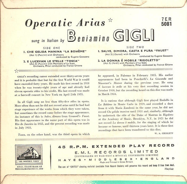 Beniamino Gigli : Operatic Arias (7", EP)