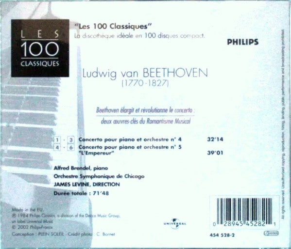 Beethoven*, Alfred Brendel, James Levine (2) : Concertos Pour Piano N°4 Et N°5 "Empereur" (CD, RE)