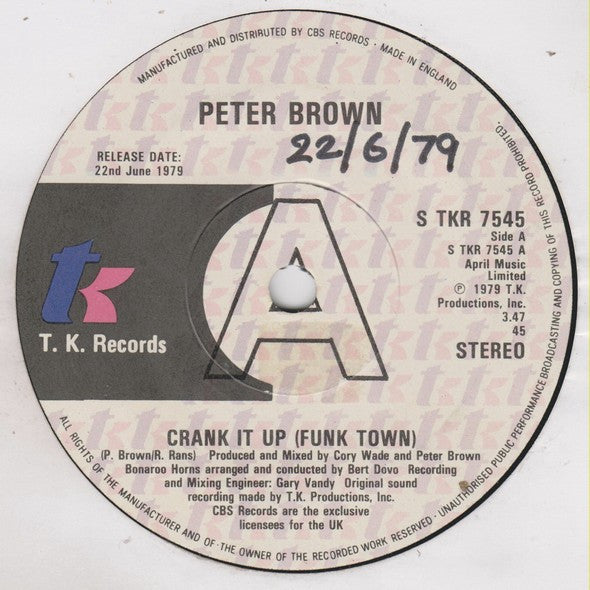 Peter Brown (2) : Crank It Up (Funk Town) (7", Single, Promo)