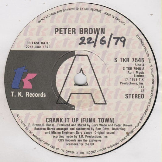 Peter Brown (2) : Crank It Up (Funk Town) (7", Single, Promo)