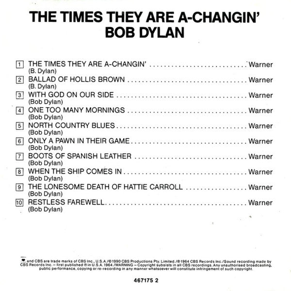 Bob Dylan : The Times They Are A-Changin' (CD, Album, RE)