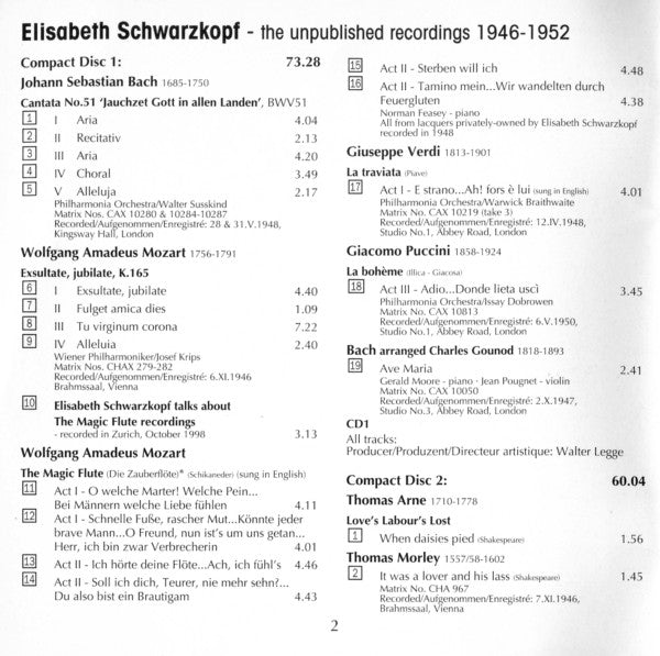 Elisabeth Schwarzkopf : The Unpublished Emi Recordings 1955 - 1958 (2xCD)