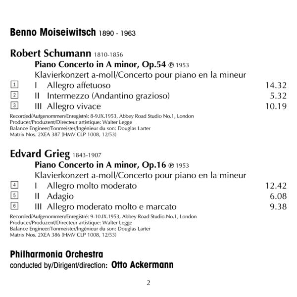 Benno Moiseiwitsch : Schumann & Grieg Piano Concertos Philharmonia Orchestra Otto Ackermann (CD)