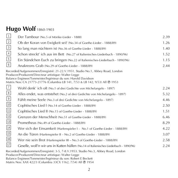 Hans Hotter, Hugo Wolf, Gerald Moore : Wolf Lieder Recital (CD, Mono)