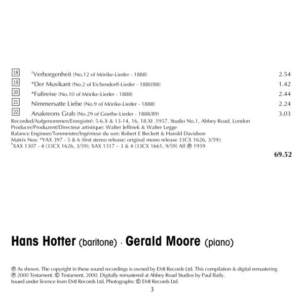 Hans Hotter, Hugo Wolf, Gerald Moore : Wolf Lieder Recital (CD, Mono)