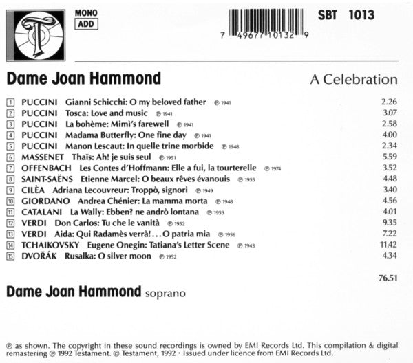 Joan Hammond : A Celebration (CD, Comp, Mono, RM)