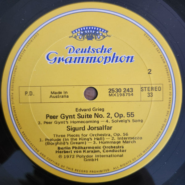 Edvard Grieg - Berliner Philharmoniker • Herbert von Karajan : Peer Gynt-Suiten 1 & 2 / Sigurd Jorsalfar (LP)