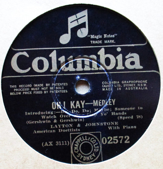 Columbia Light Opera Company, Layton And Johnstone : Vocal Gems From "Rio Rita" / Oh! Kay - Medley (Shellac, 12", Mono)