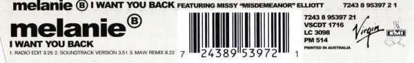 Melanie B Featuring Missy "Misdemeanor" Elliott* : I Want You Back (CD, Single)