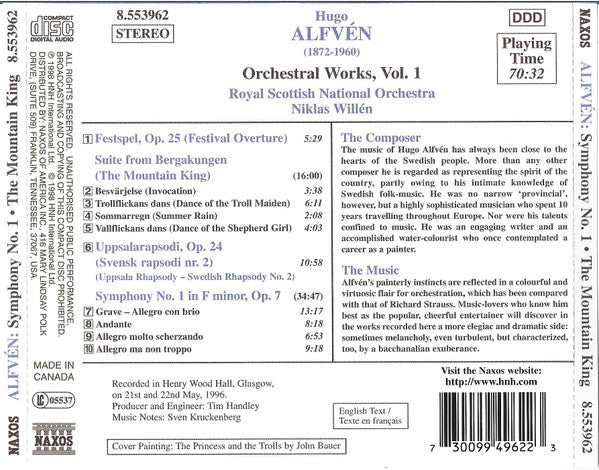 Hugo Alfvén, Royal Scottish National Orchestra, Niklas Willén : Symphony No. 1 • Festival Overture • Uppsala Rhapsody • The Mountain King (CD, Album)