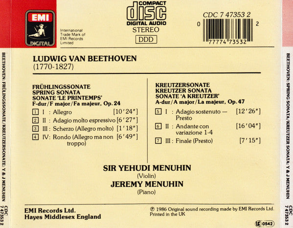 Ludwig van Beethoven - Yehudi Menuhin / Jeremy Menuhin : Frühlingssonate - Kreutzersonate (CD, Album)
