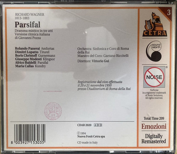 Richard Wagner, Maria Callas, Africo Baldelli, Boris Christoff, Rolando Panerai, Giuseppe Modesti, Dimitri Lopatto, Vittorio Gui, Orchestra Sinfonica Di Roma Della RAI : Parsifal (3xCD, Album)